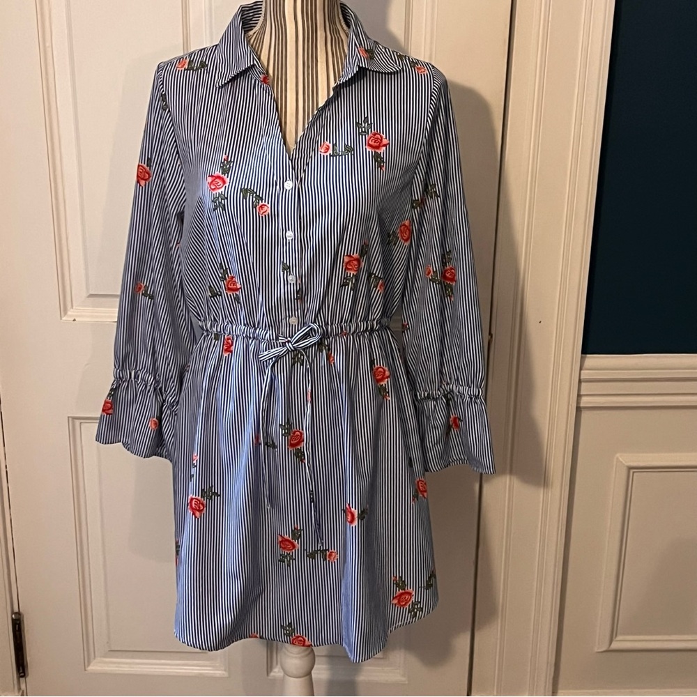 Blue and White Striped floral cottagecore western large dress D112